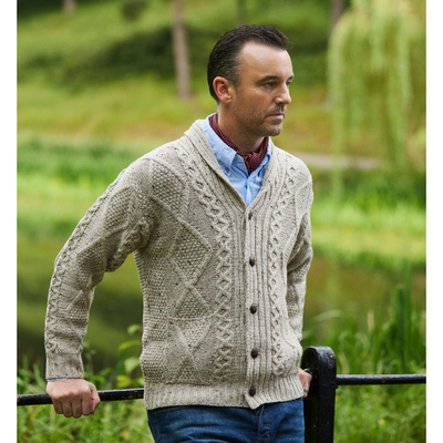 Men's Irish Aran Cable Knitted Button Cardigan Oatmeal